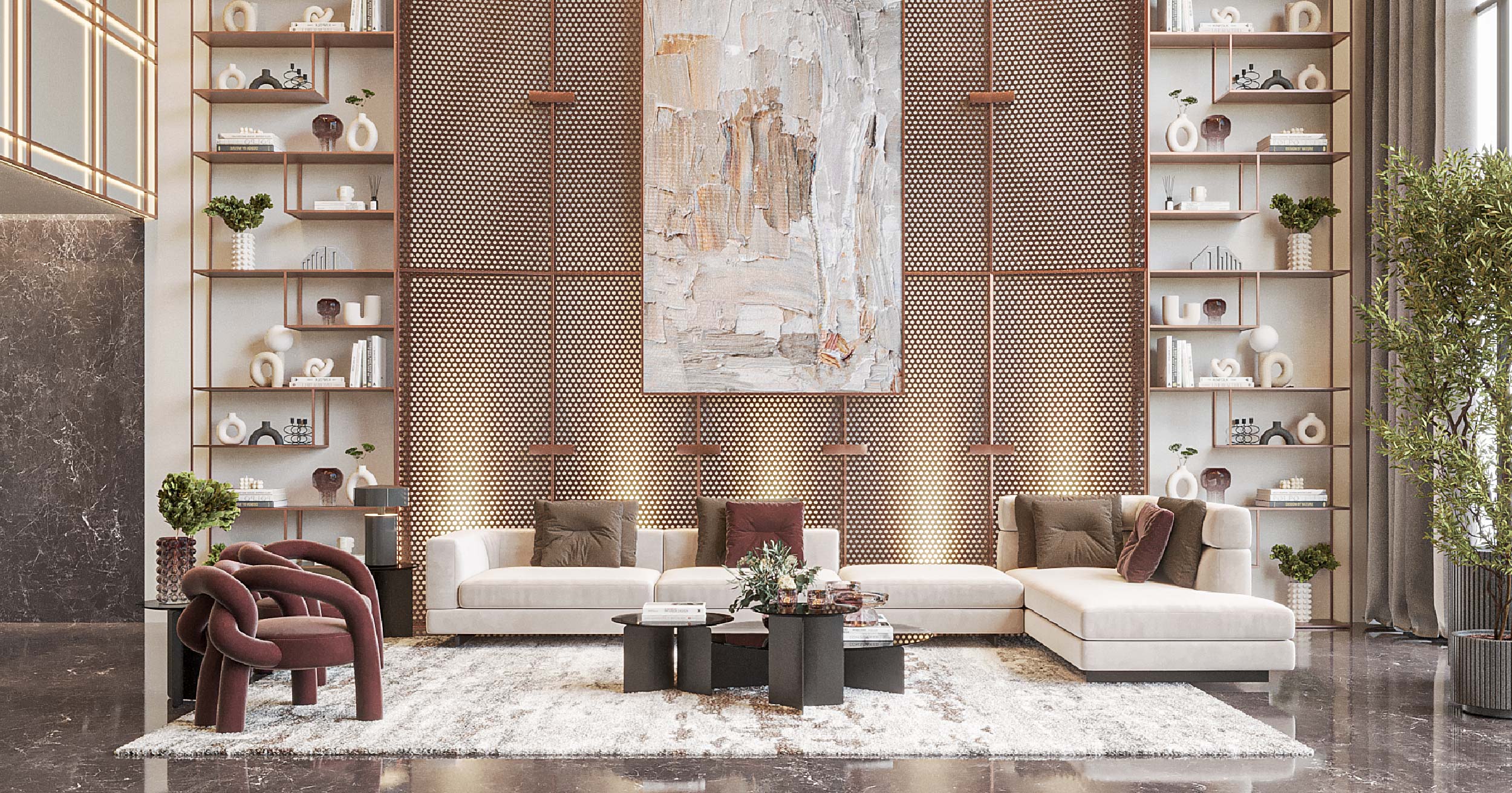 Hyde Walk By Imtiaz A modern living room featuring a white sofa, unique chair, art piece, and stylish decor on shelves and floor.